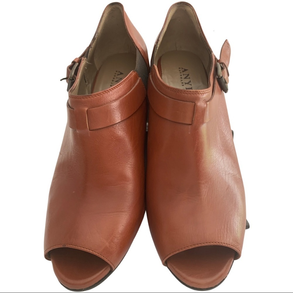 NEW ANYI LU Peep Toe Buckle Wedges Booties Ankle Boots Leather Brown Cognac - Picture 2 of 14